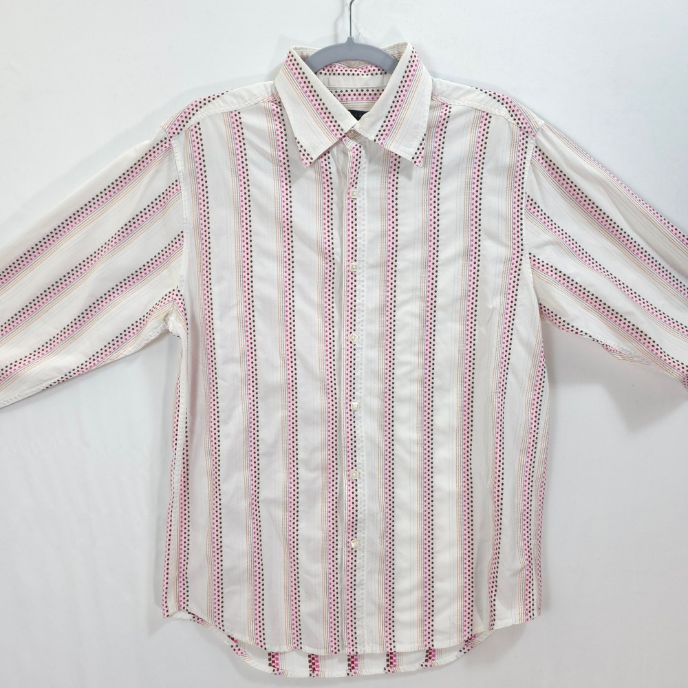 Positano Button Down Shirt Dotted Stripe Cotton White Pink Brown Men M